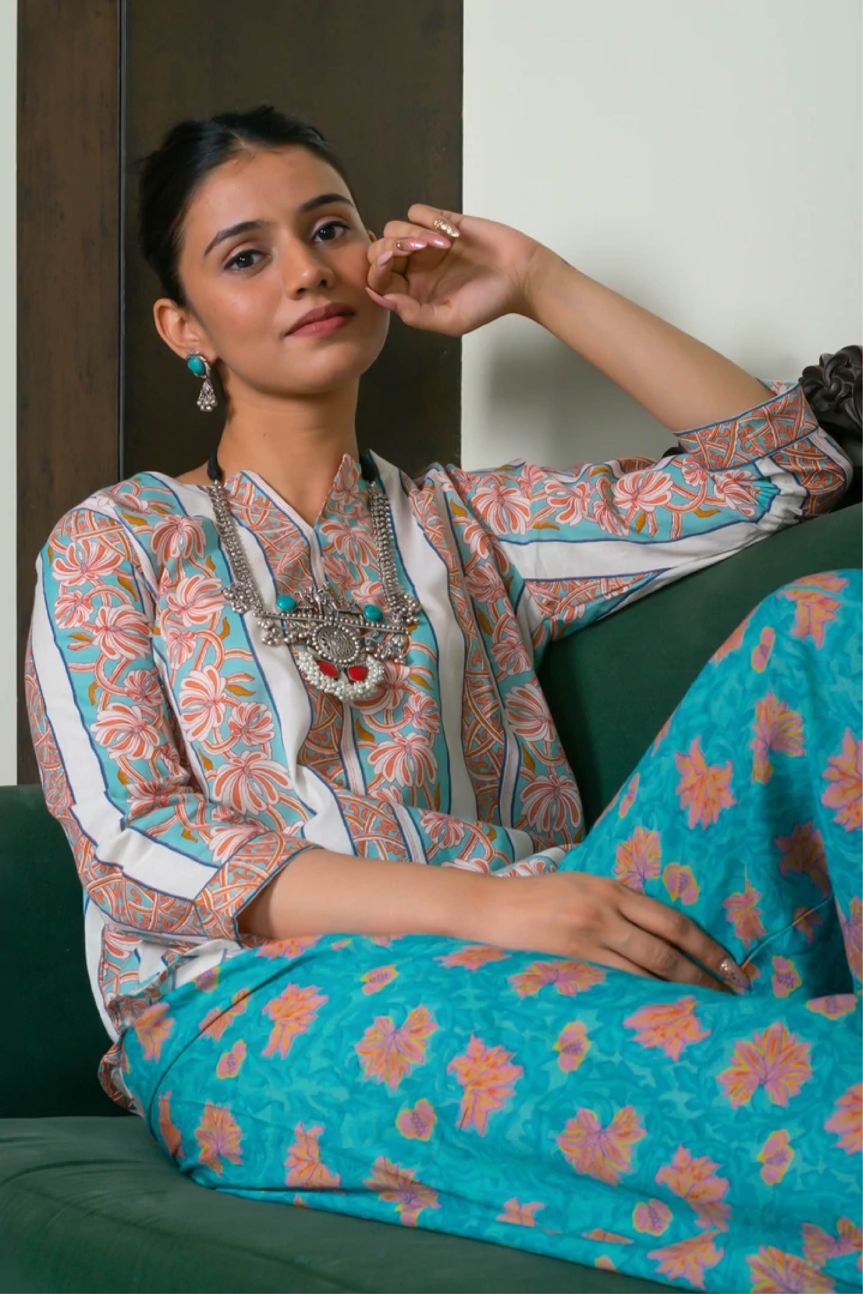 PJ Set Women Set of 2 Aqua Lily