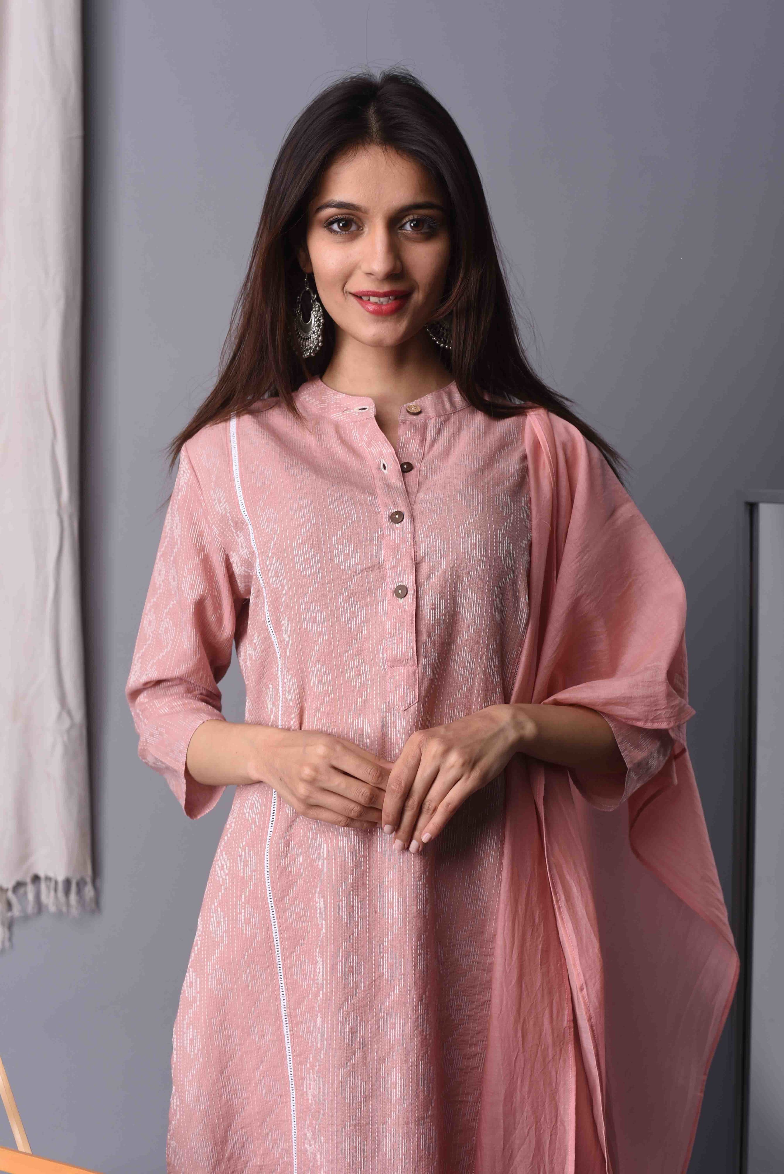Onion Pink Kantha Kurta With Pant & Dupatta