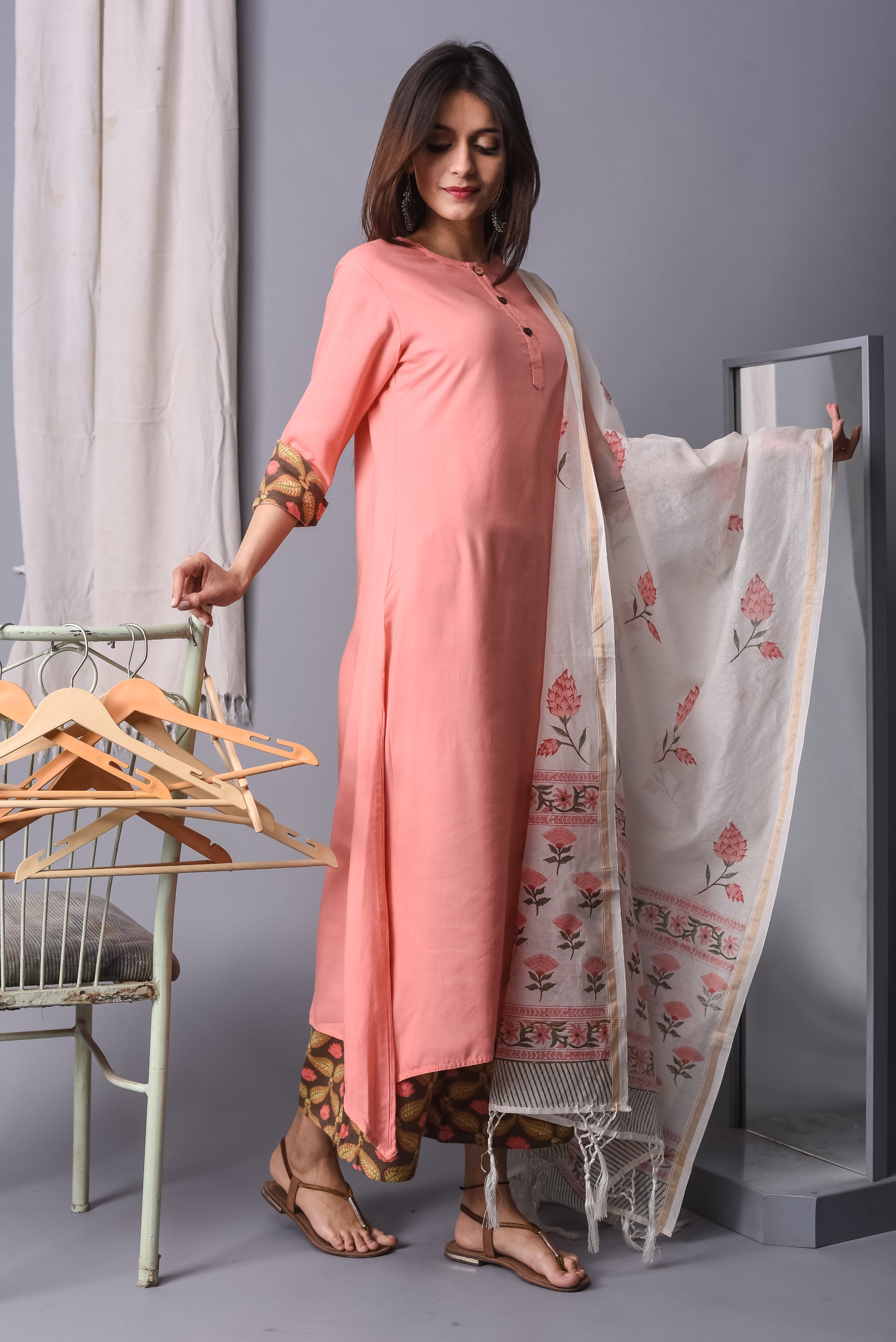 Kurta Set Women Set of 2 Uneven Peach