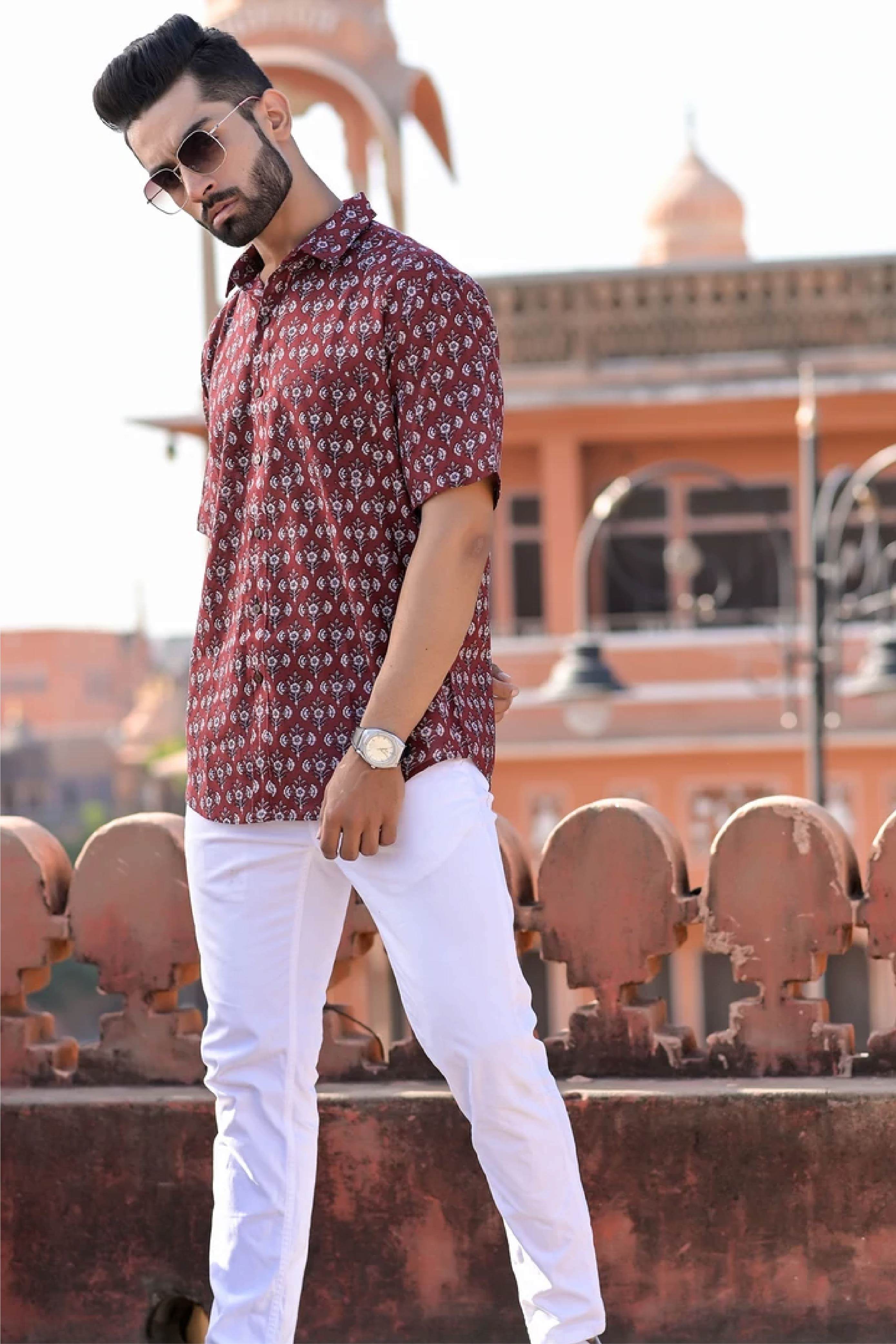 Men Half Sleeve Shirt Maroon Booti