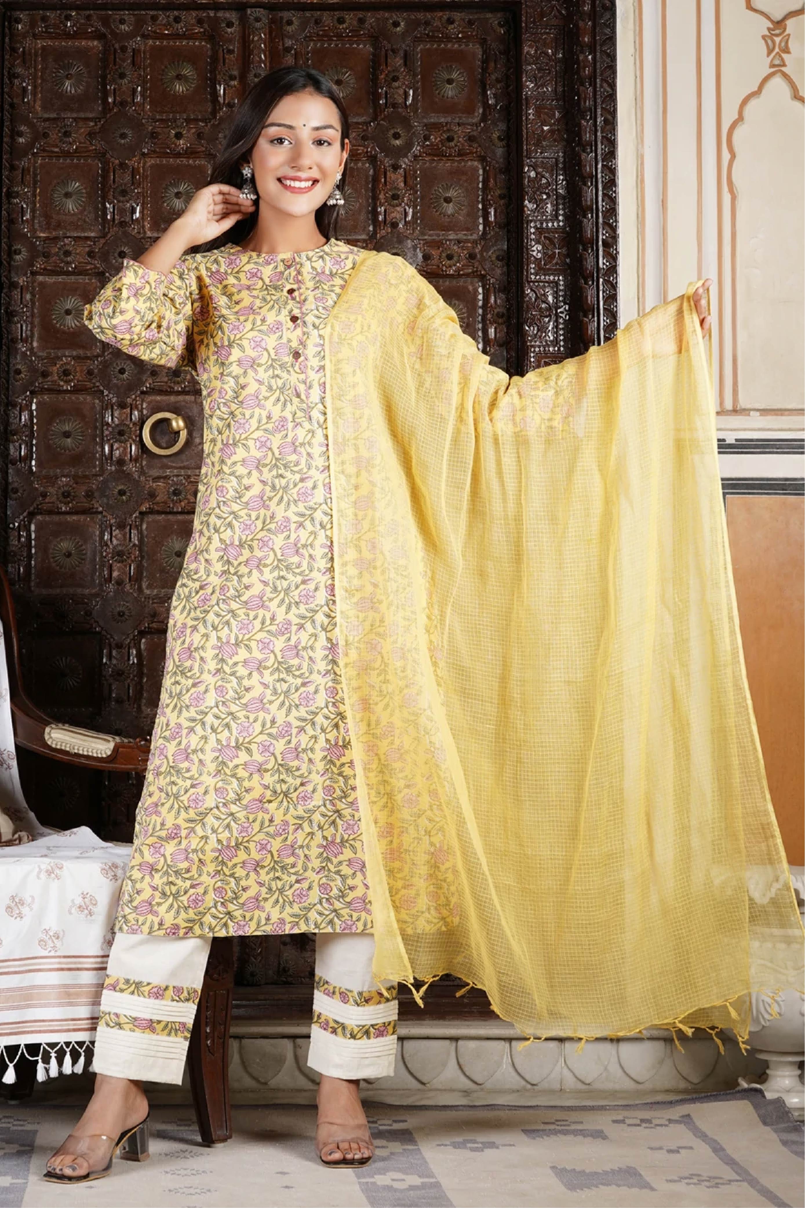 Women Sunshine Yellow Floral Suit- Set of 3