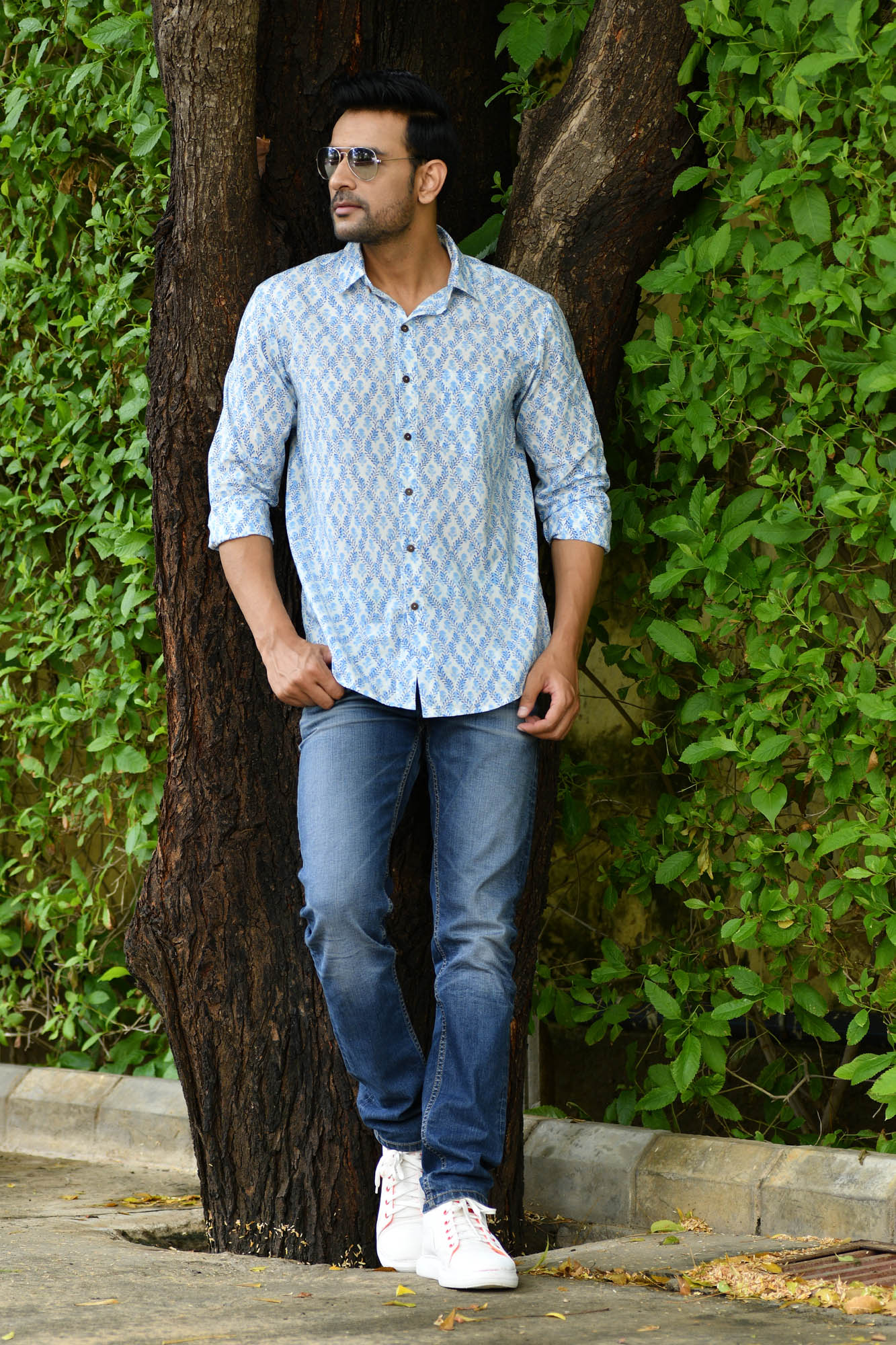 Shirt Full Sleeve Mens Floral Vine Blue