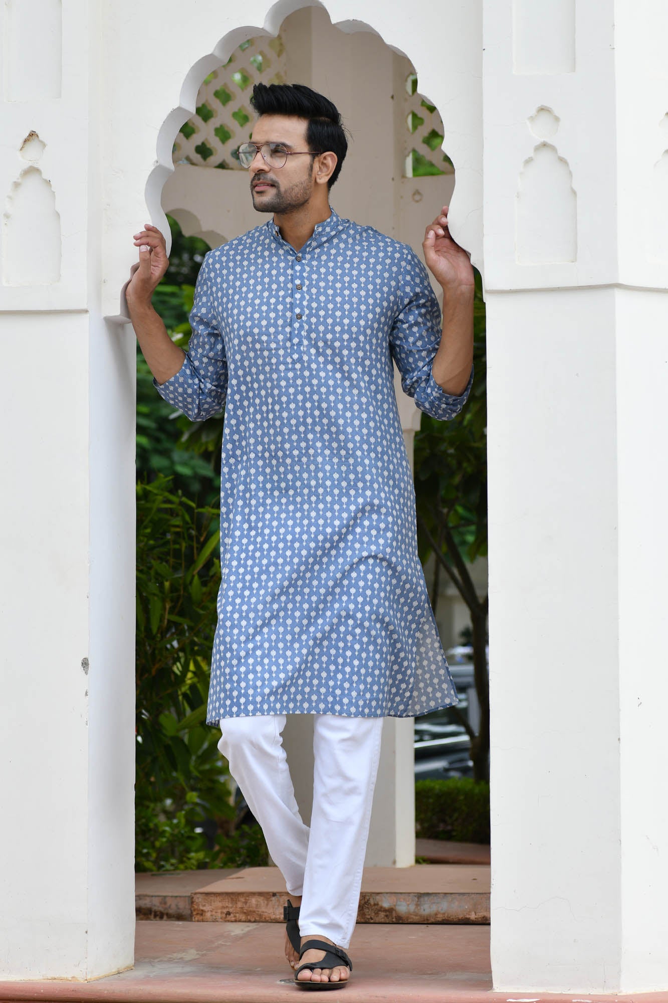 Kurta Long Mens Block Motifs Sky Blue