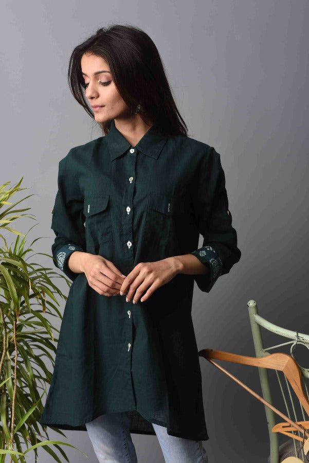 Women Shirt Dress - Green Solid