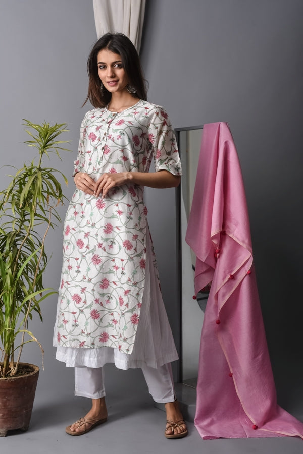 Suit Set Chanderi Women Set of 4 Floral Pink