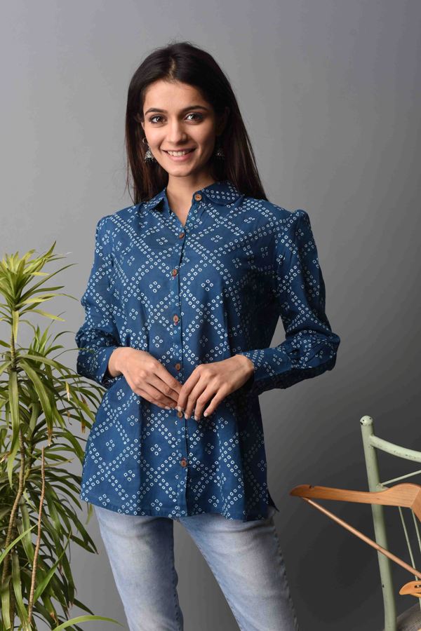 Women Blue-Bandhej Shirt