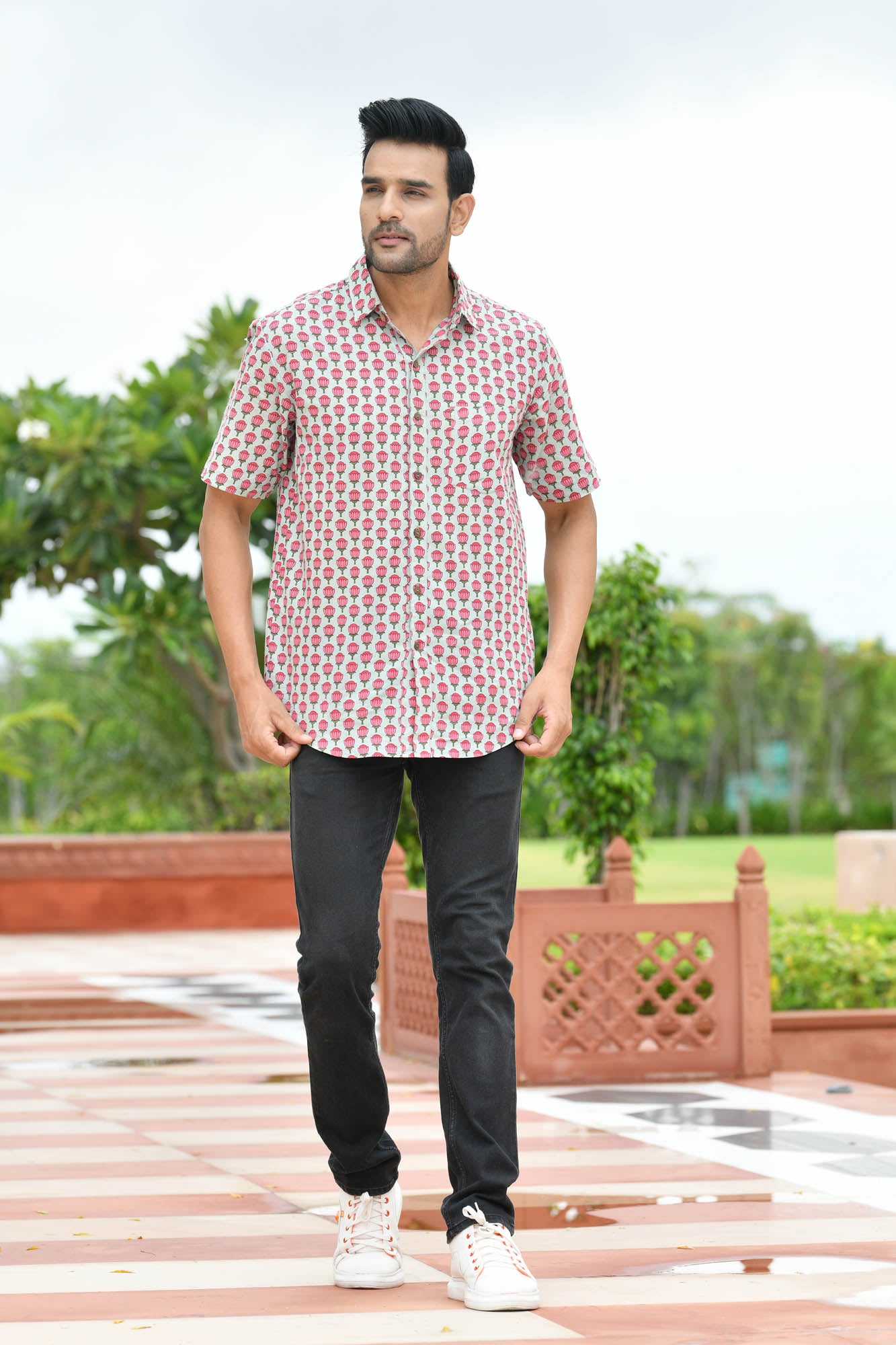 Men Pink Lotus Half Sleeve Shirt