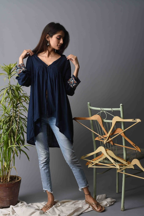 Women Shirt Pleated - Solid Blue