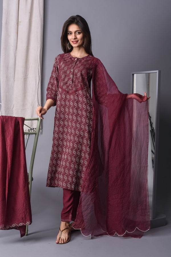 Wine Kantha Kurta With Pant & Dupatta