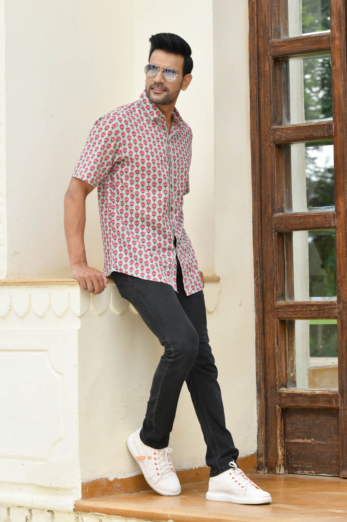 Men Pink Lotus Half Sleeve Shirt