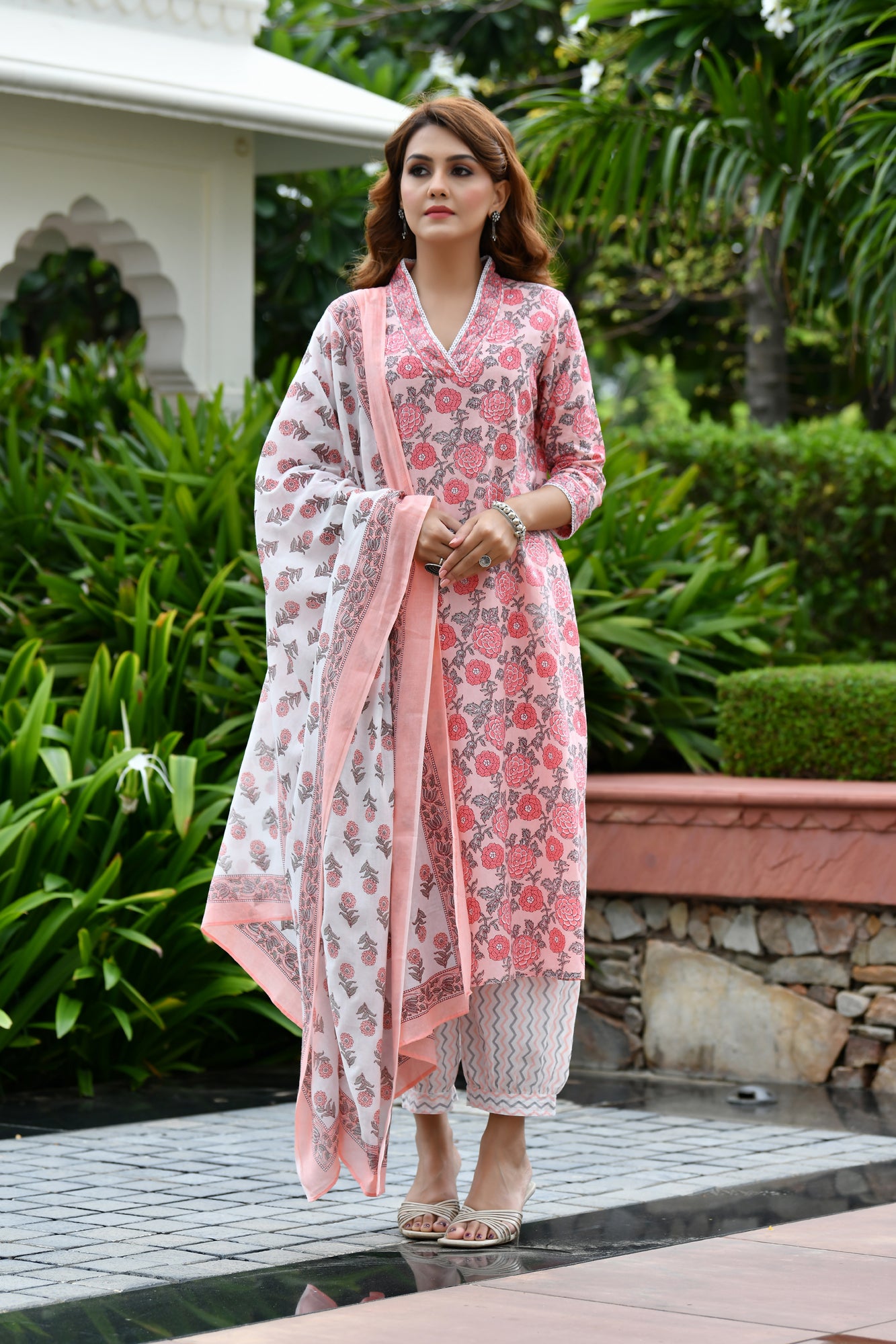 Rose Print V Neck Kurta Set S/3