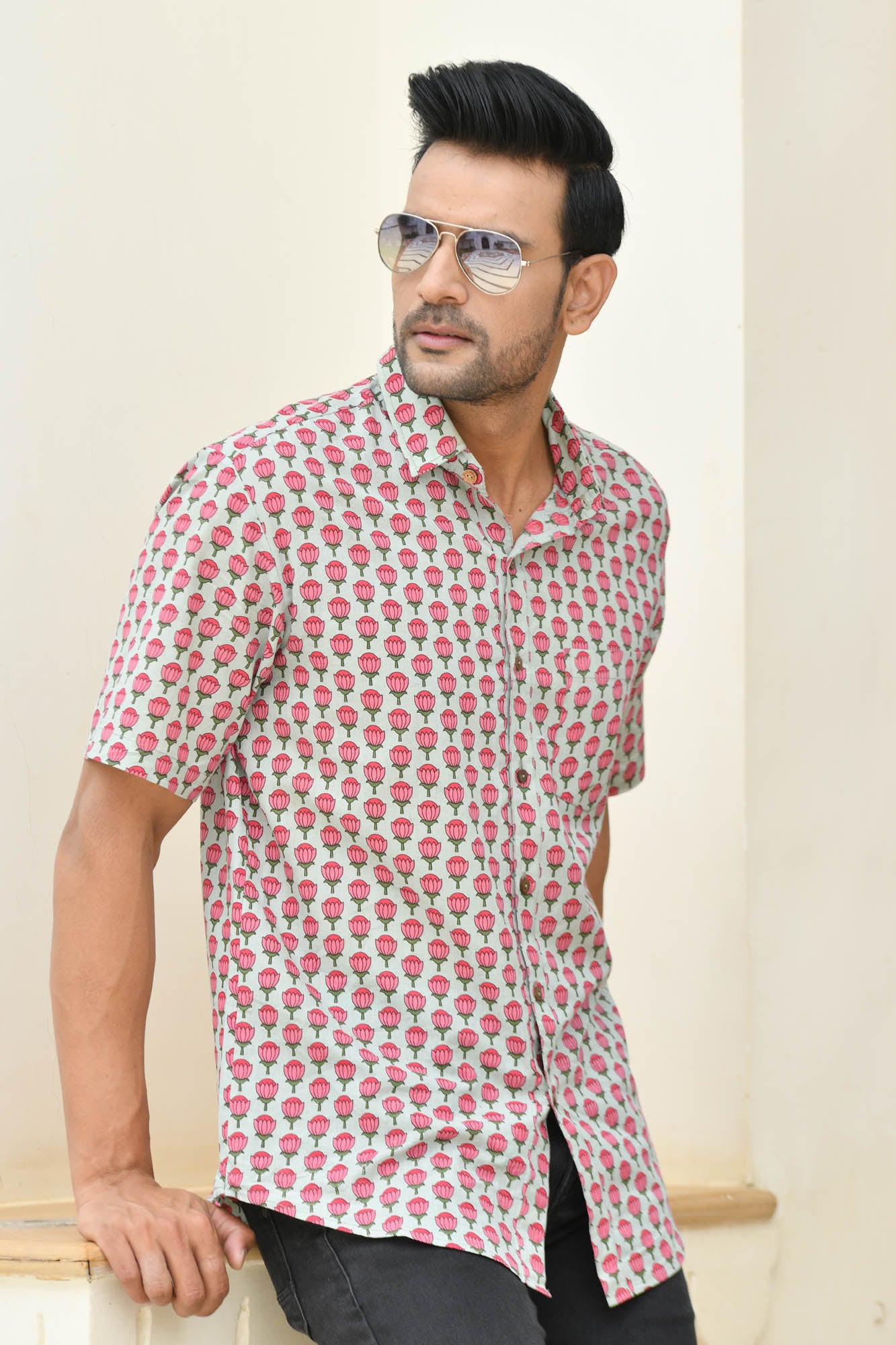 Men Pink Lotus Half Sleeve Shirt