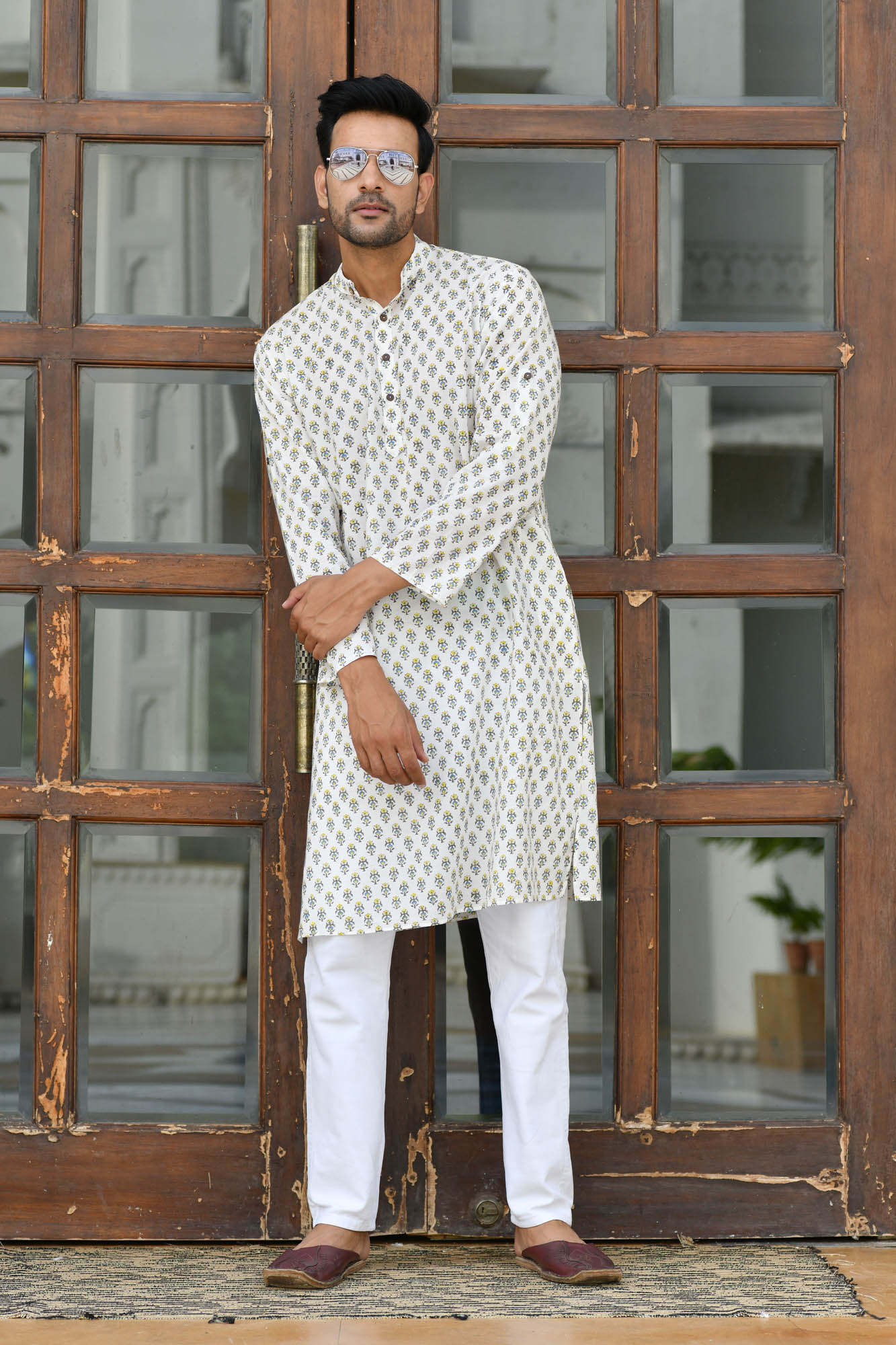 Kurta Long Mens Block Motifs Mustard