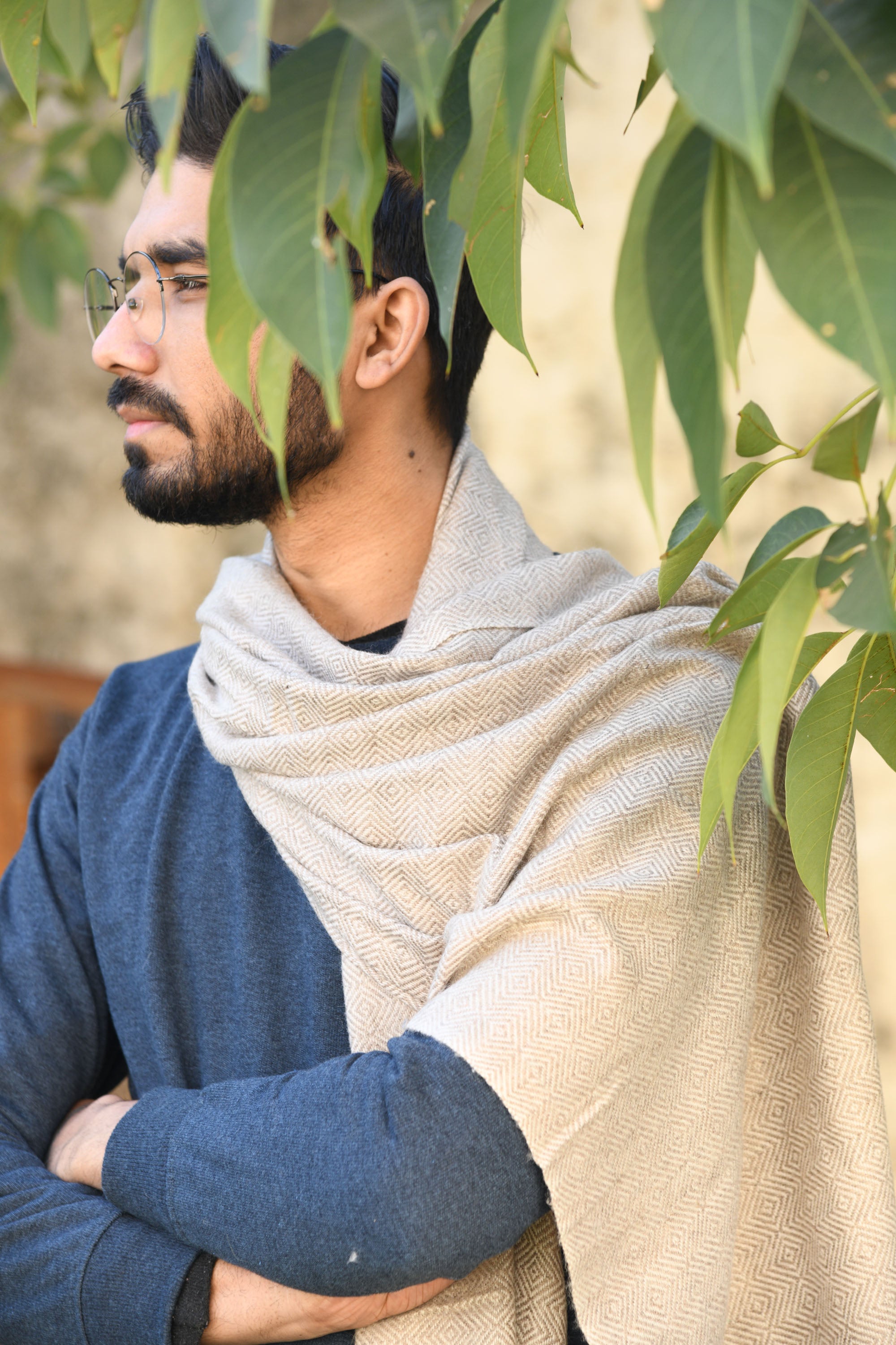 Men Off White Chevron Woolen stole