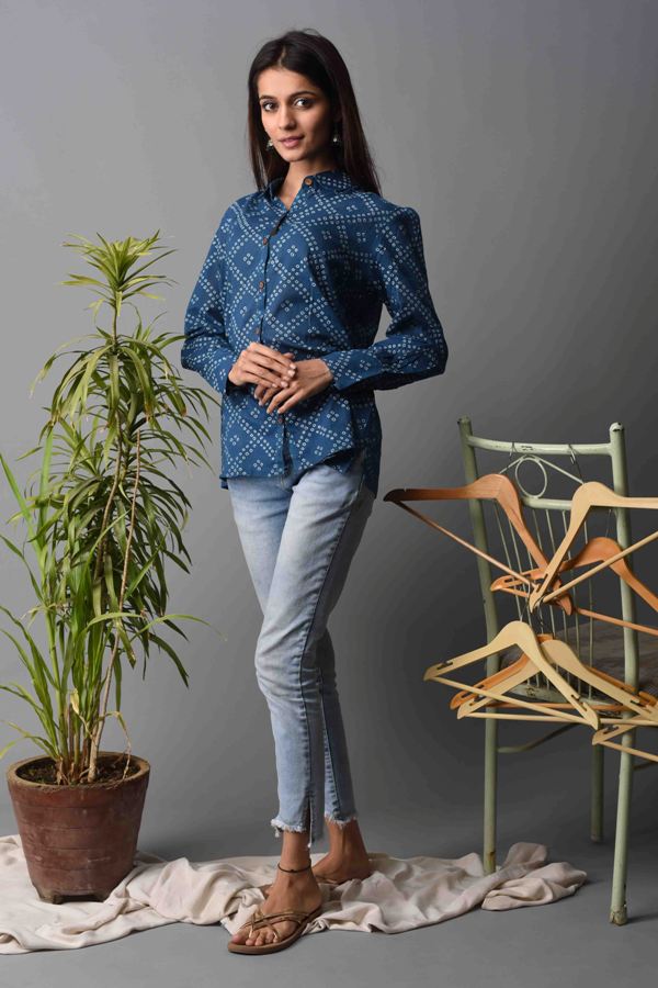 Women Blue-Bandhej Shirt