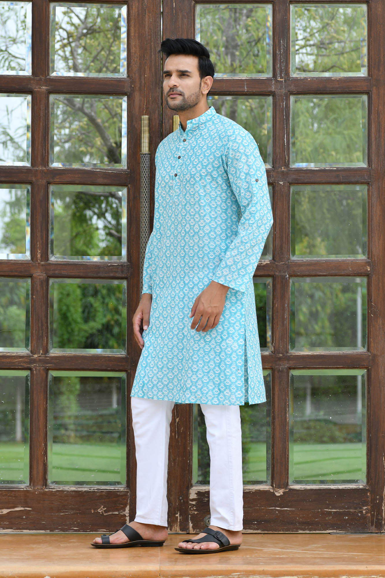 Greek Key Turquoise Long Kurta