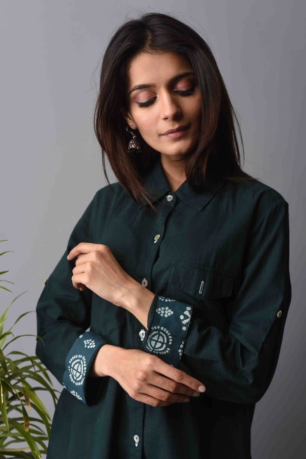 Women Shirt Dress - Green Solid