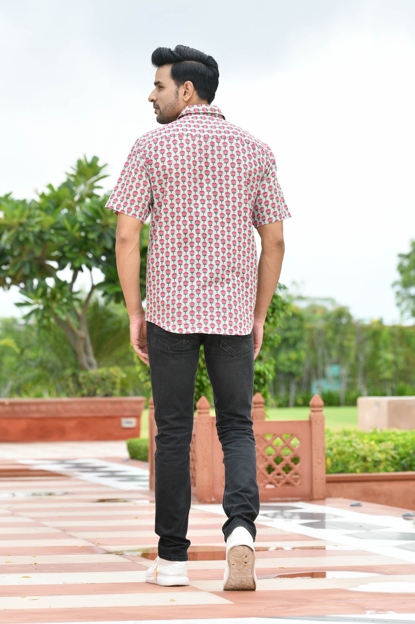 Men Pink Lotus Half Sleeve Shirt