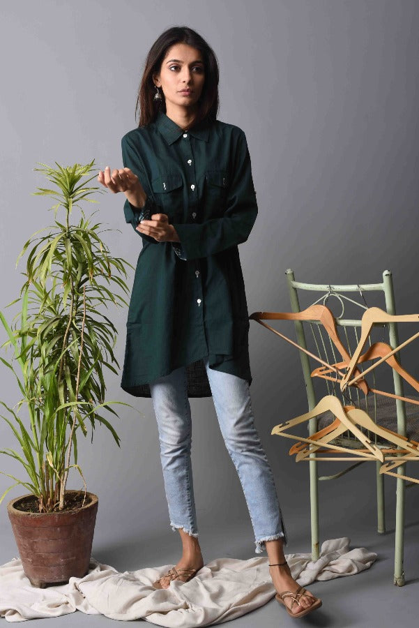 Women Shirt Dress - Green Solid