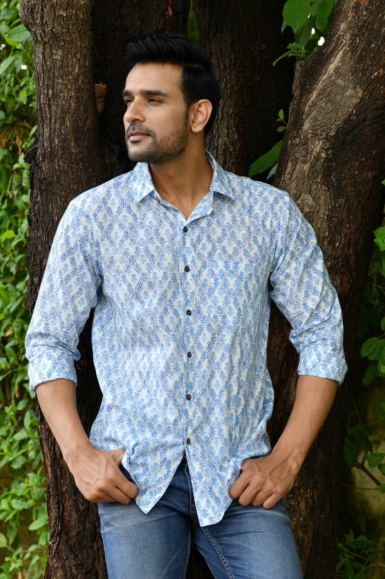 Shirt Full Sleeve Mens Floral Vine Blue