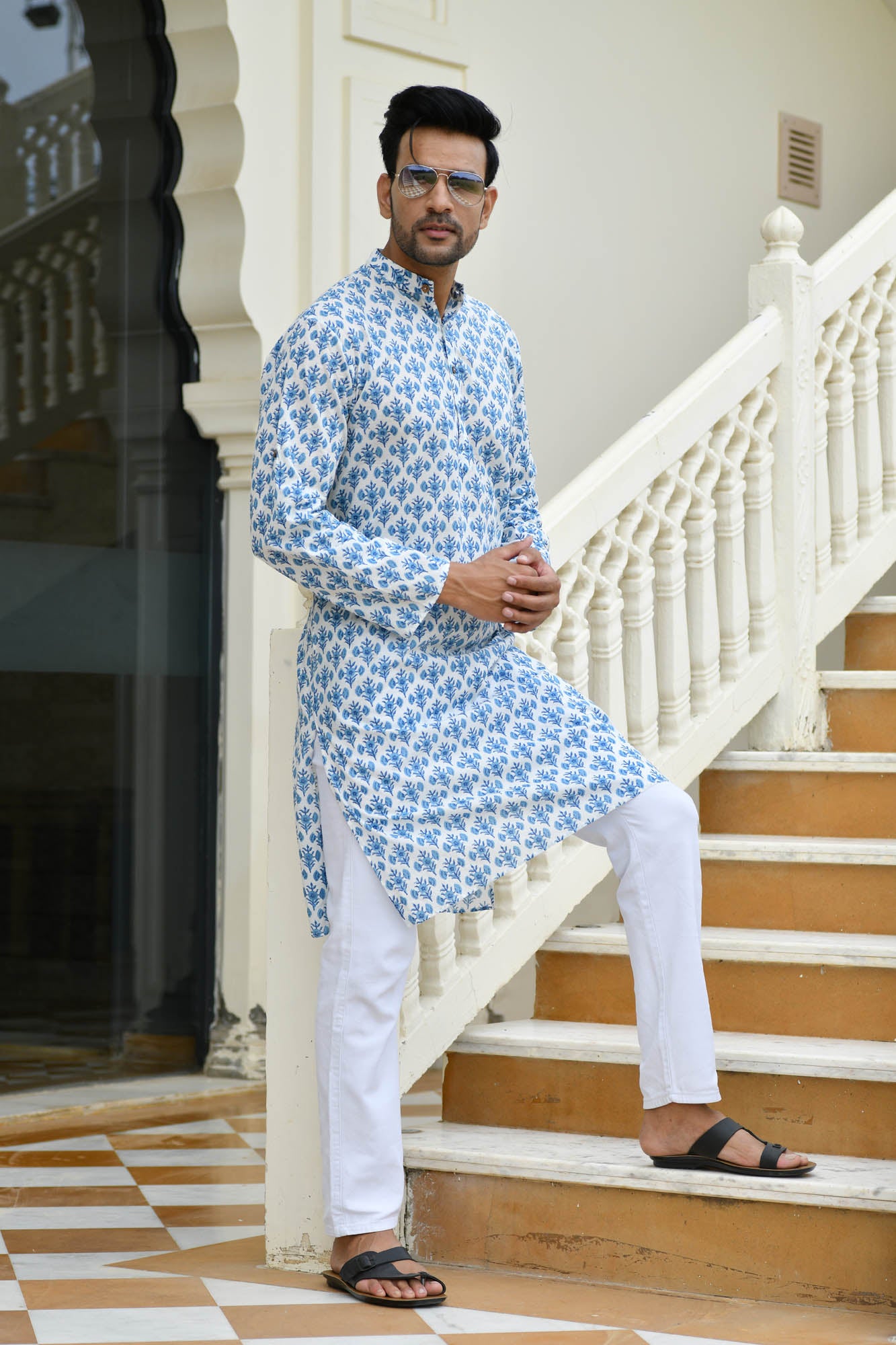 Kurta Long Mens Block Motifs Floral Blue