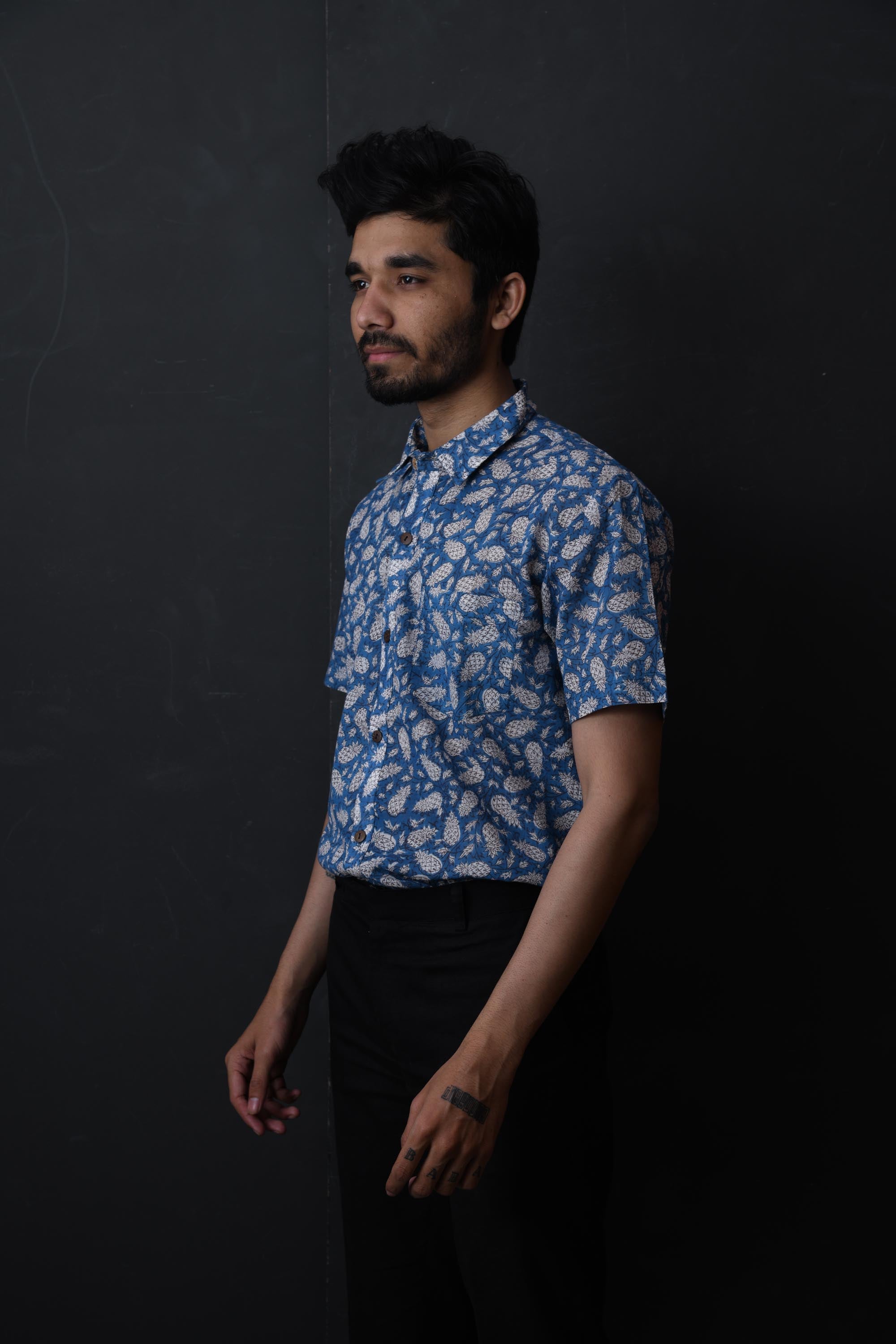 Men Blue Pineapple Half Sleeve Shirt