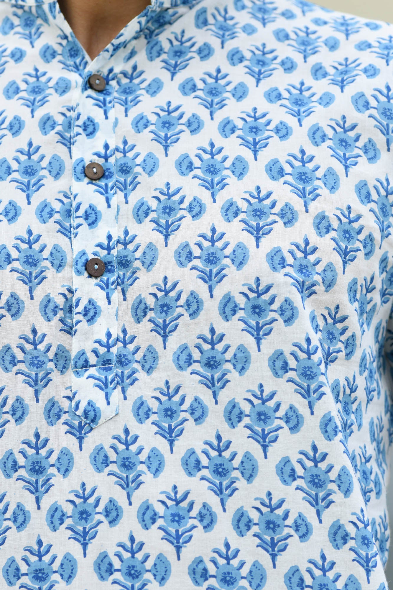 Kurta Long Mens Block Motifs Floral Blue
