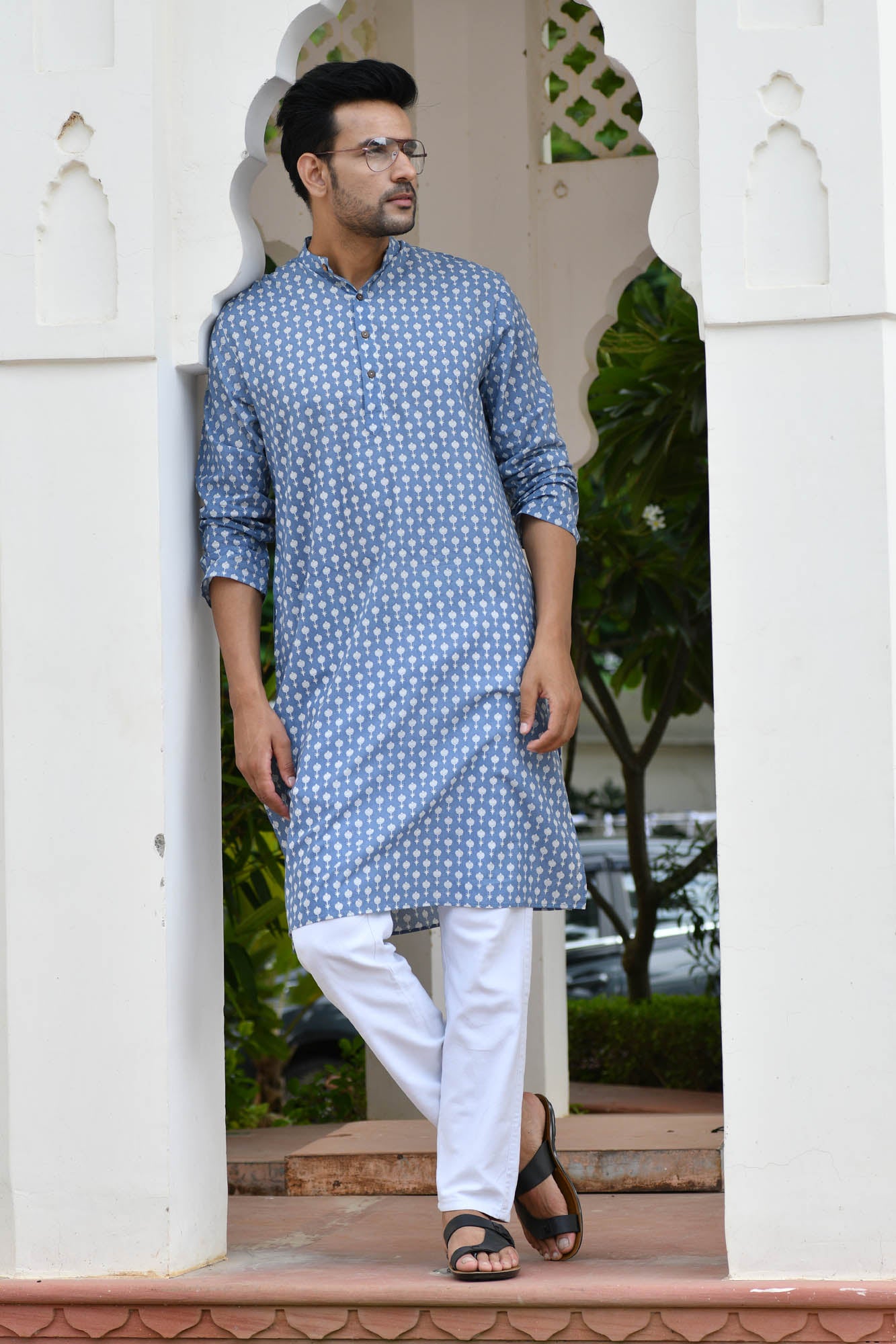 Kurta Long Mens Block Motifs Sky Blue