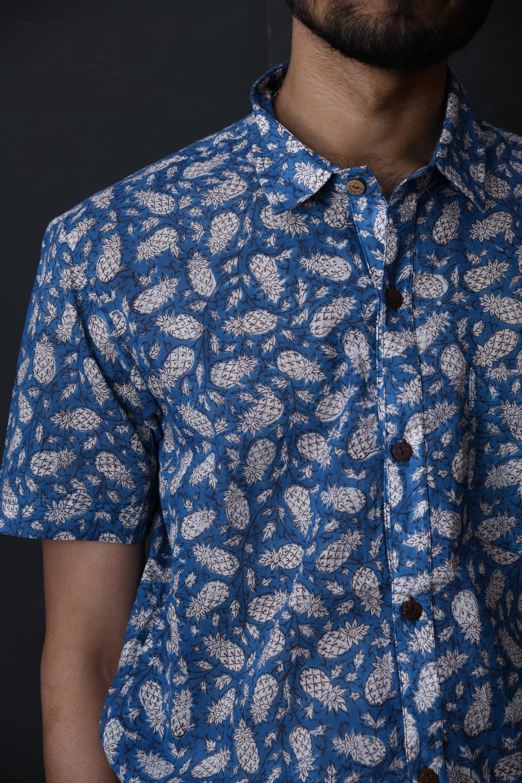 Men Blue Pineapple Half Sleeve Shirt