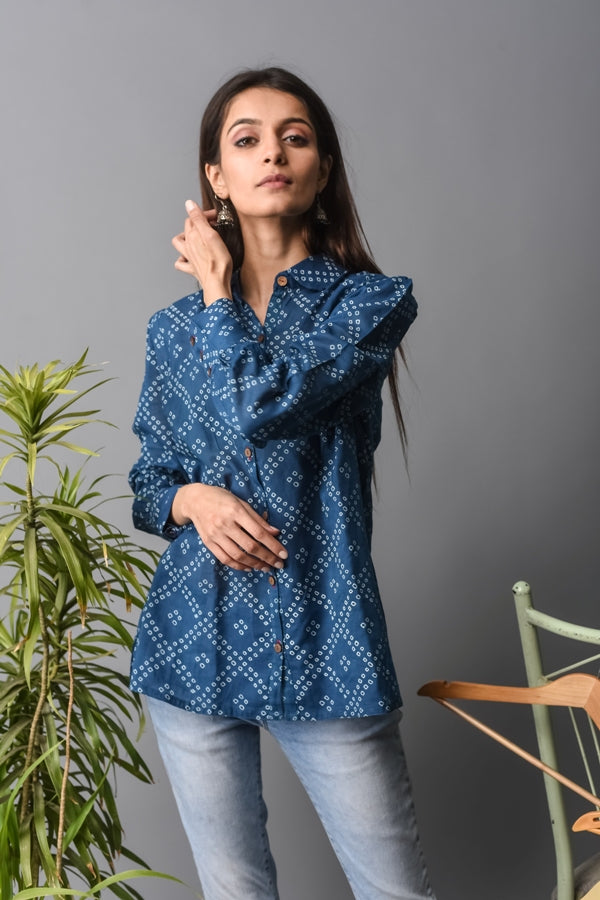 Women Blue-Bandhej Shirt
