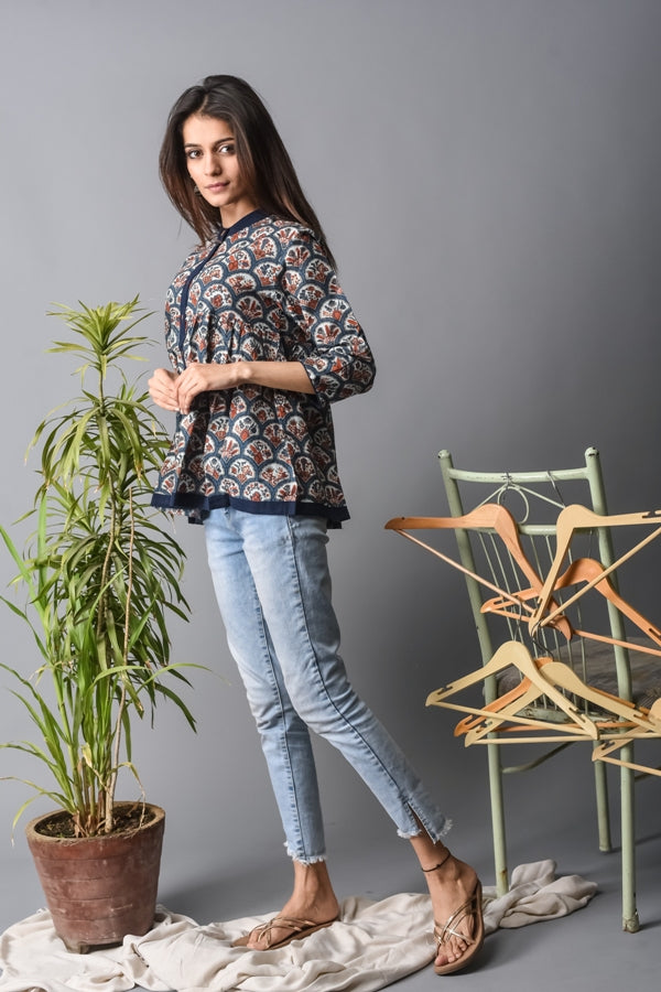 Women Top-Peplum Blue Blossom