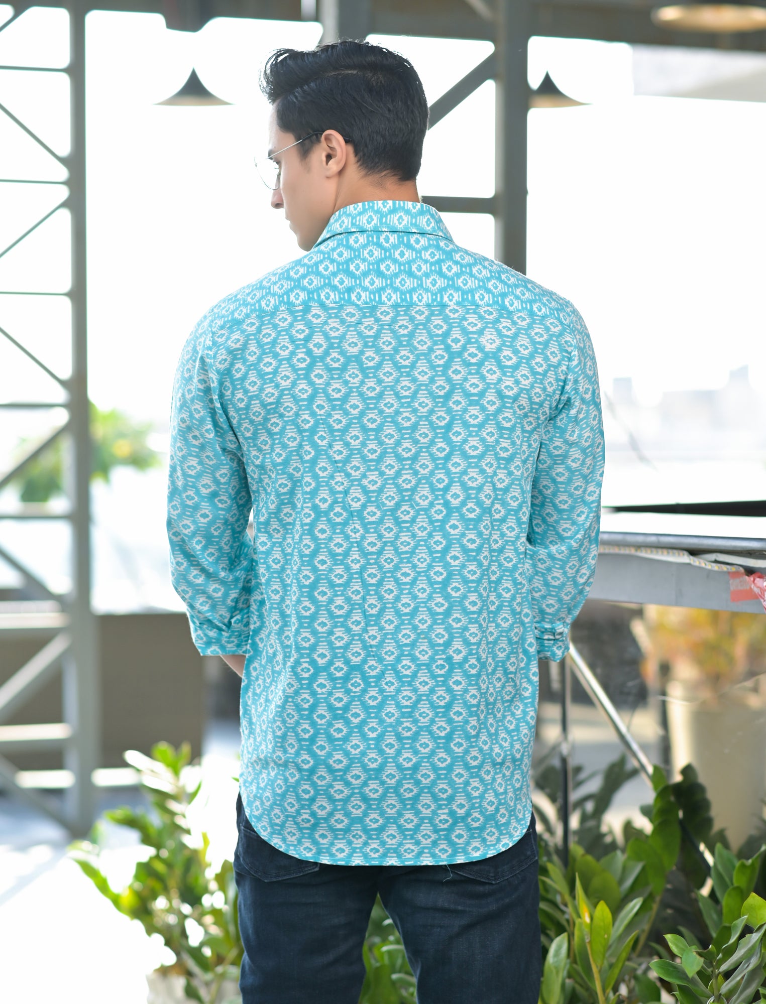 Shirt Full Sleeve Mens Blue Geometric