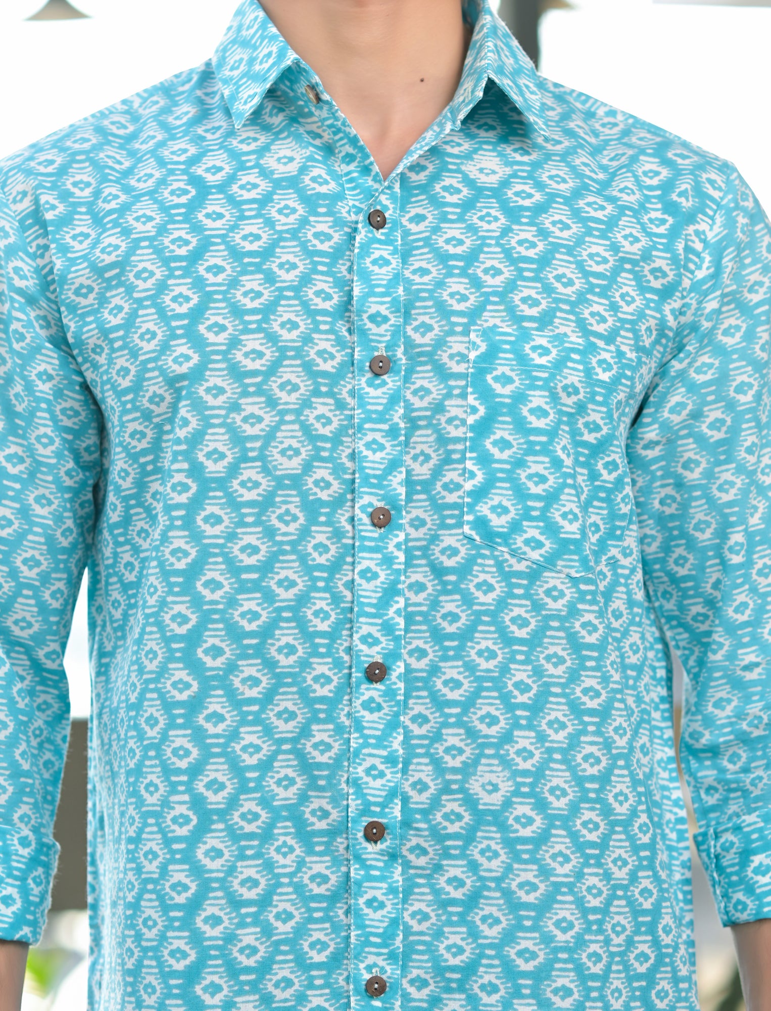 Shirt Full Sleeve Mens Blue Geometric
