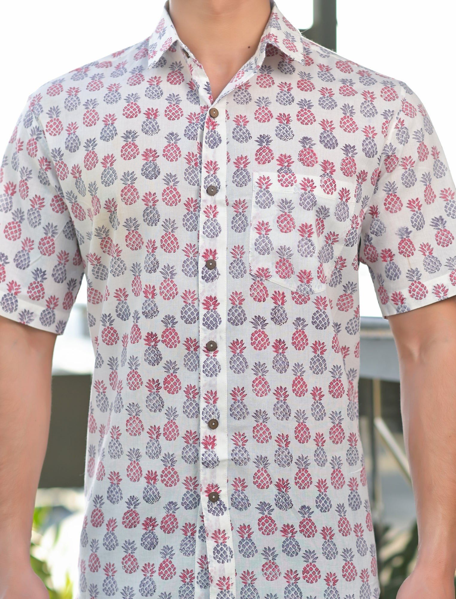 Shirt Half Sleeve Mens Pineapple Pink/Brown