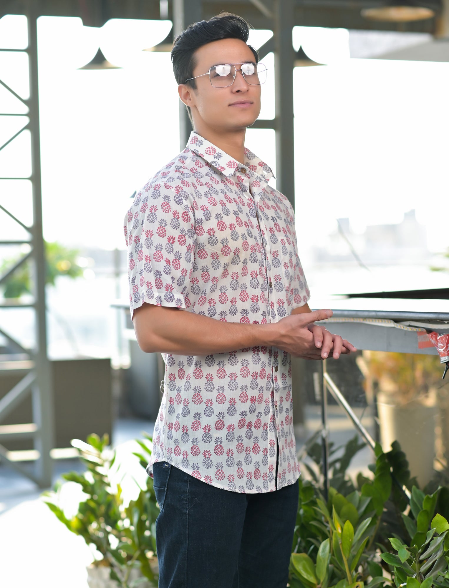 Shirt Half Sleeve Maroon/Grey Pineapple