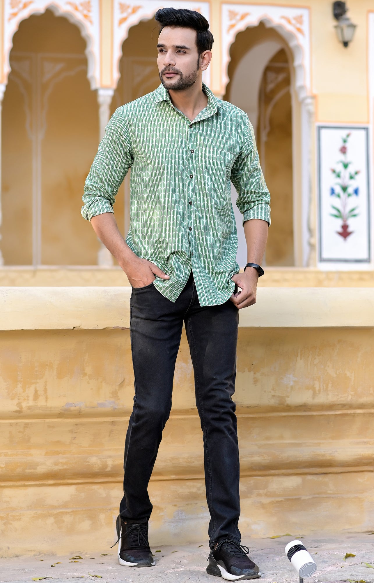 Shirt Full Sleeve Mens Scallop Stripes Green