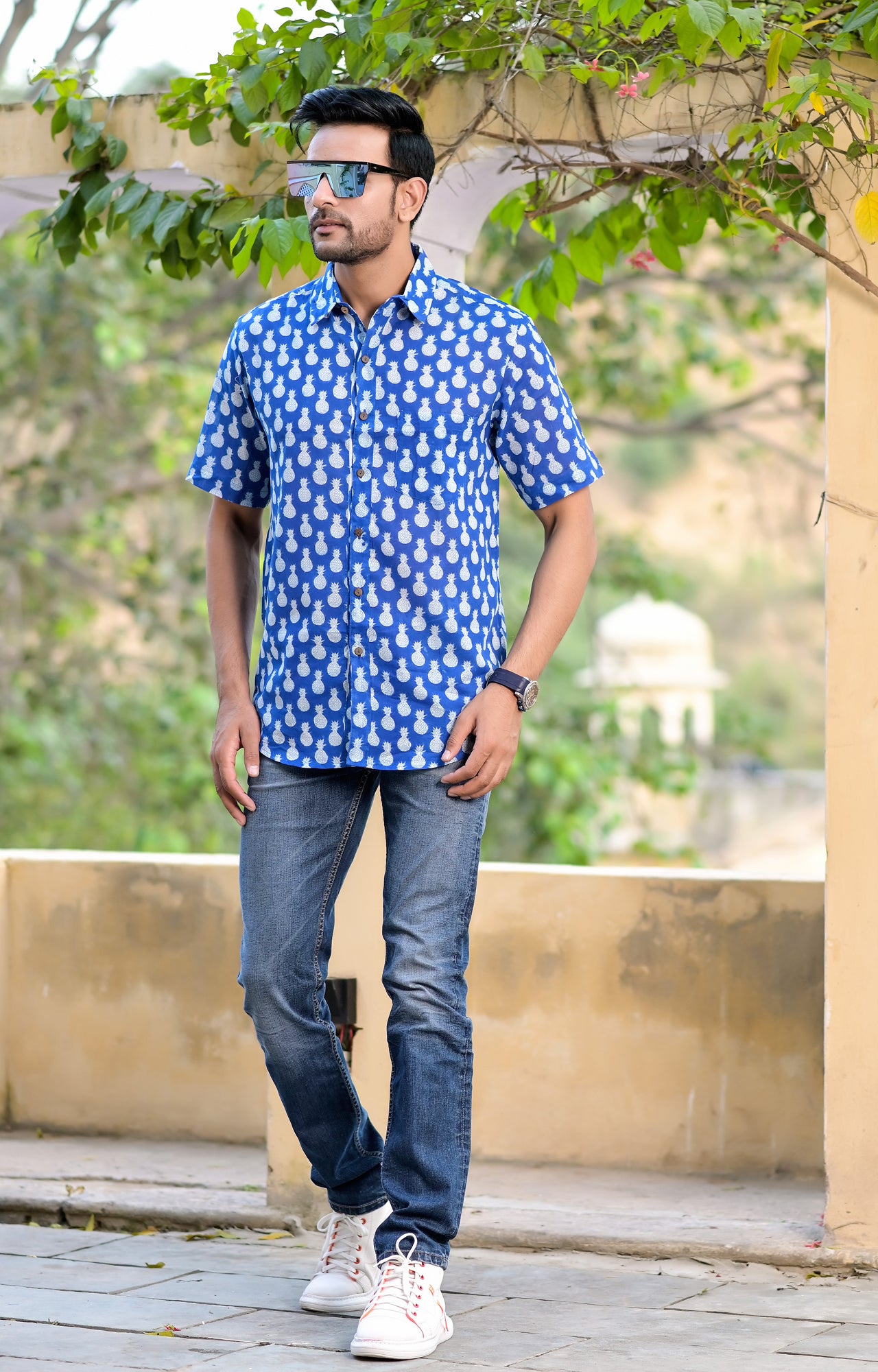 Shirt Half Sleeve Mens Pineapple Blue