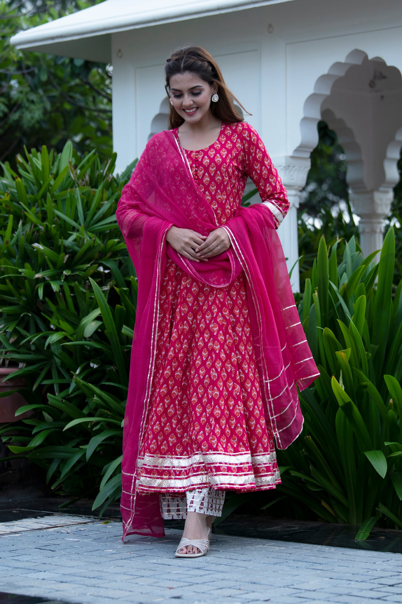 Red Printed Kalidar Kurta With Pant & Dupatta