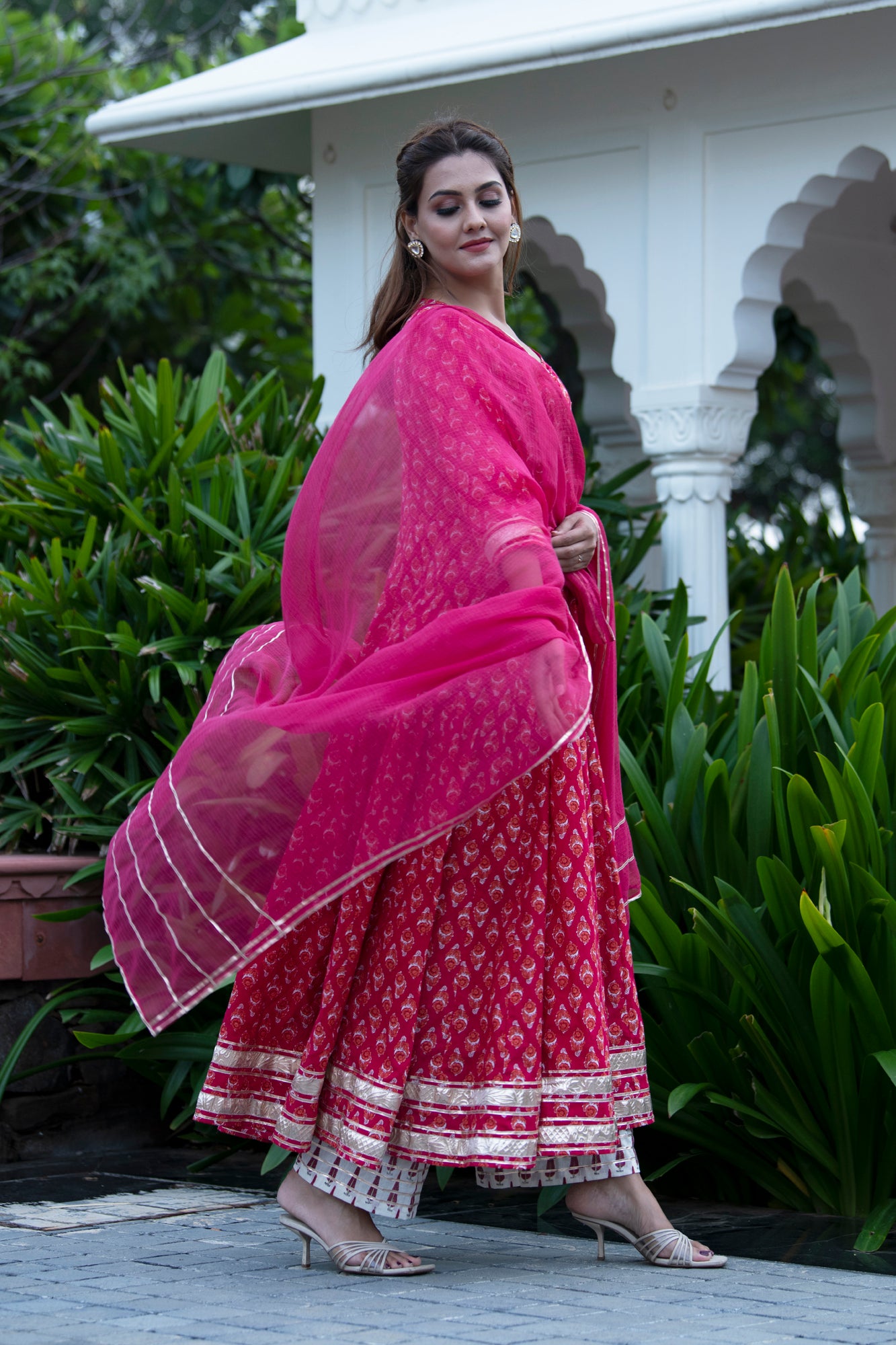 Red Printed Kalidar Kurta With Pant & Dupatta
