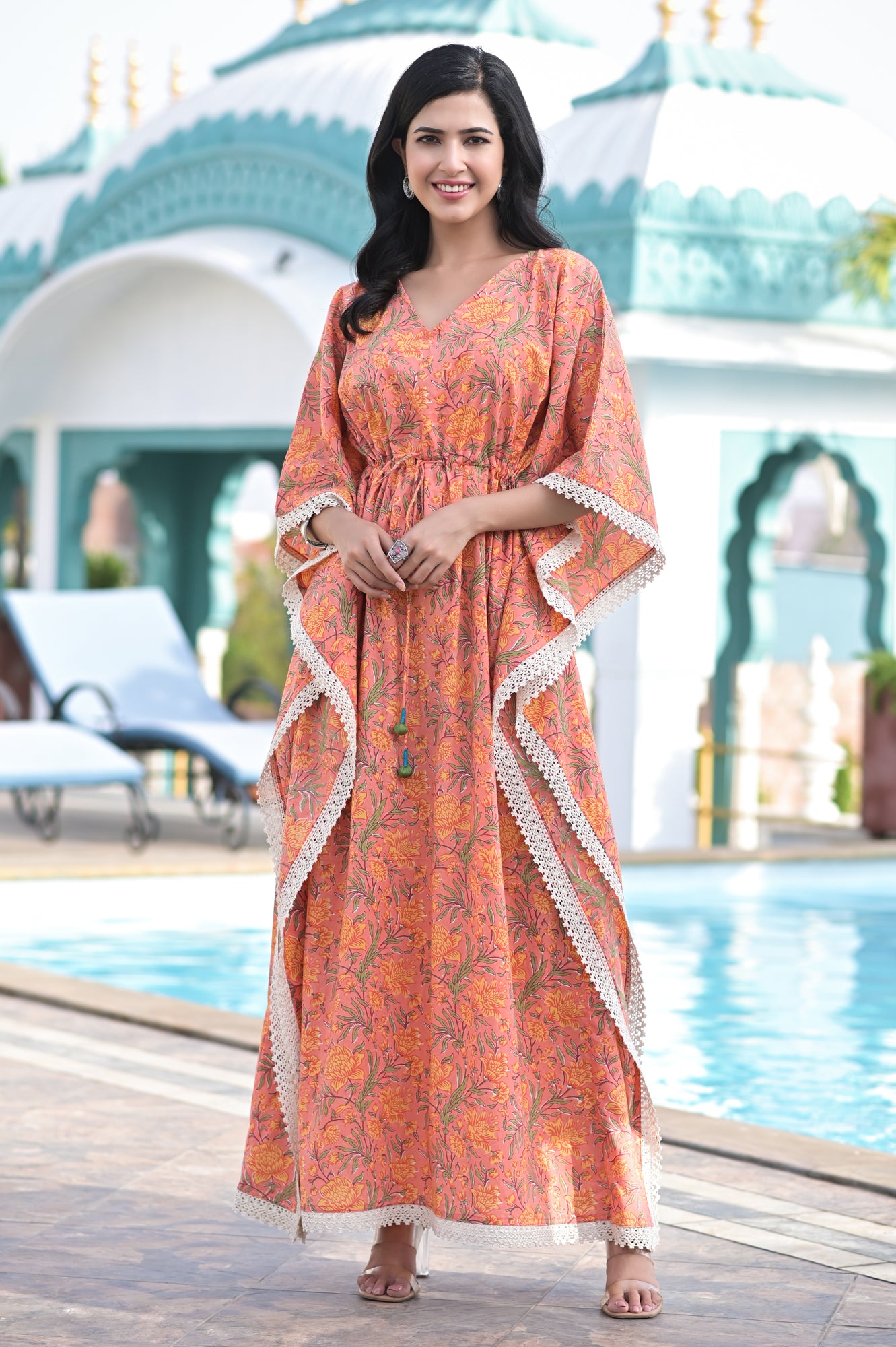 Kaftan Long Women Floral Peach