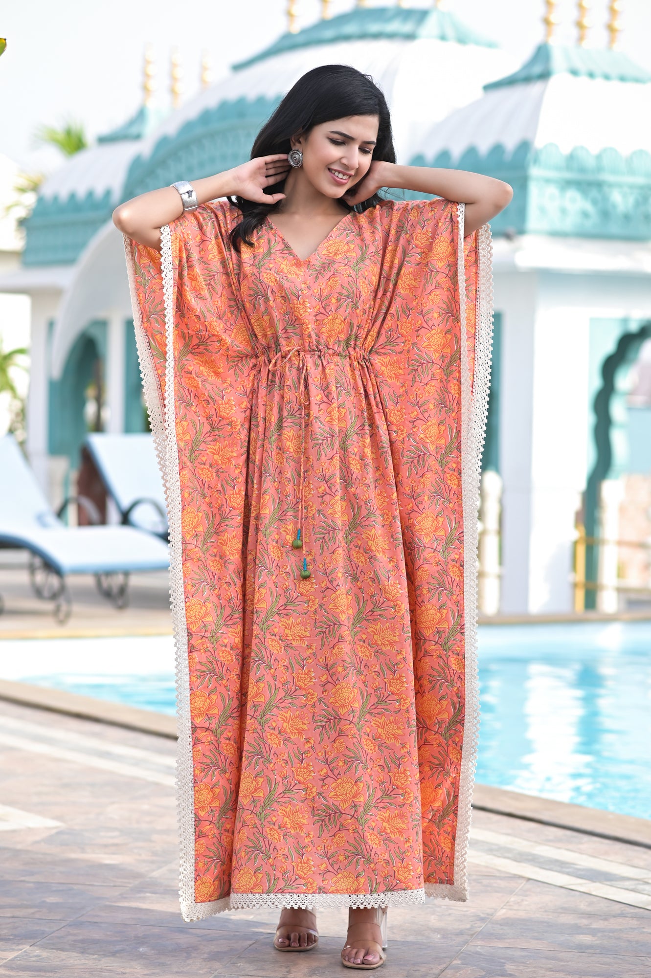 Kaftan Long Women Floral Peach