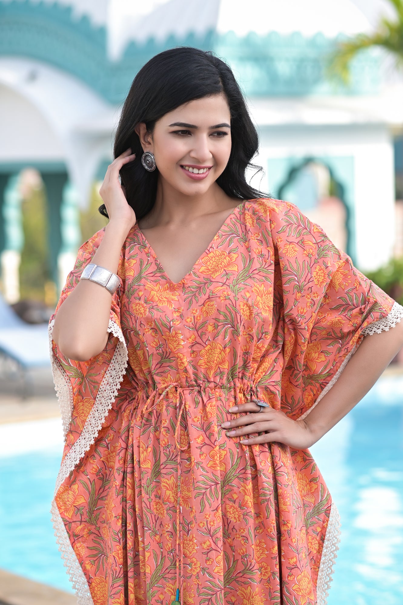 Kaftan Long Women Floral Peach