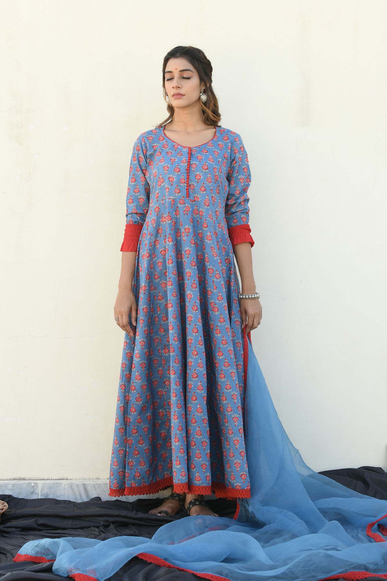 Kurta Kalidar Blue Printed With Dupatta