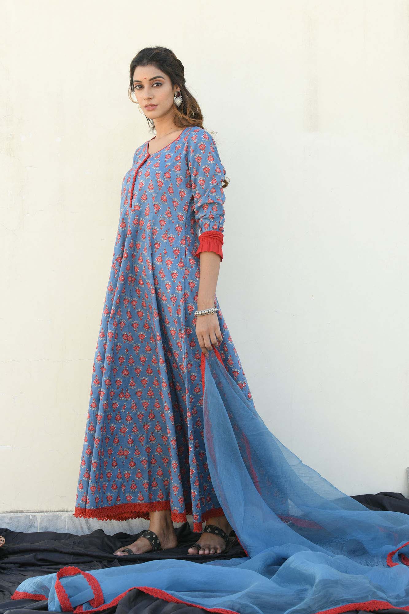 Kurta Kalidar Blue Printed With Dupatta
