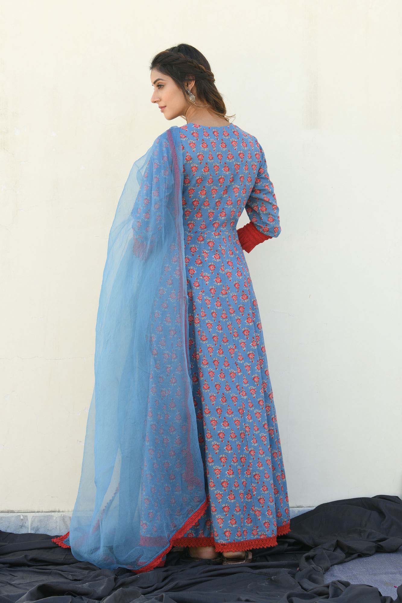 Kurta Kalidar Blue Printed With Dupatta
