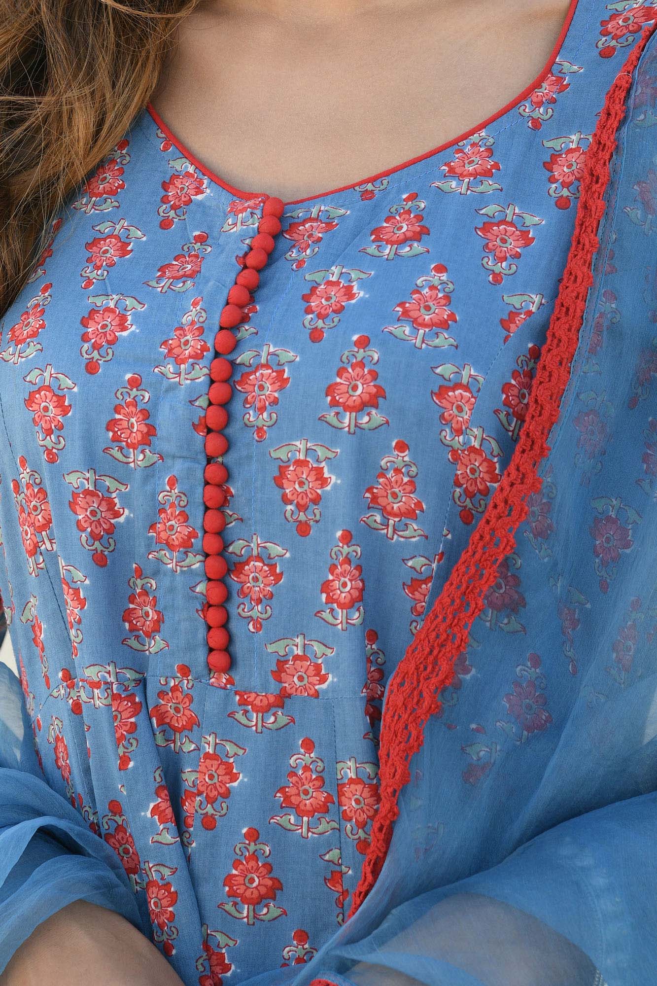 Kurta Kalidar Blue Printed With Dupatta