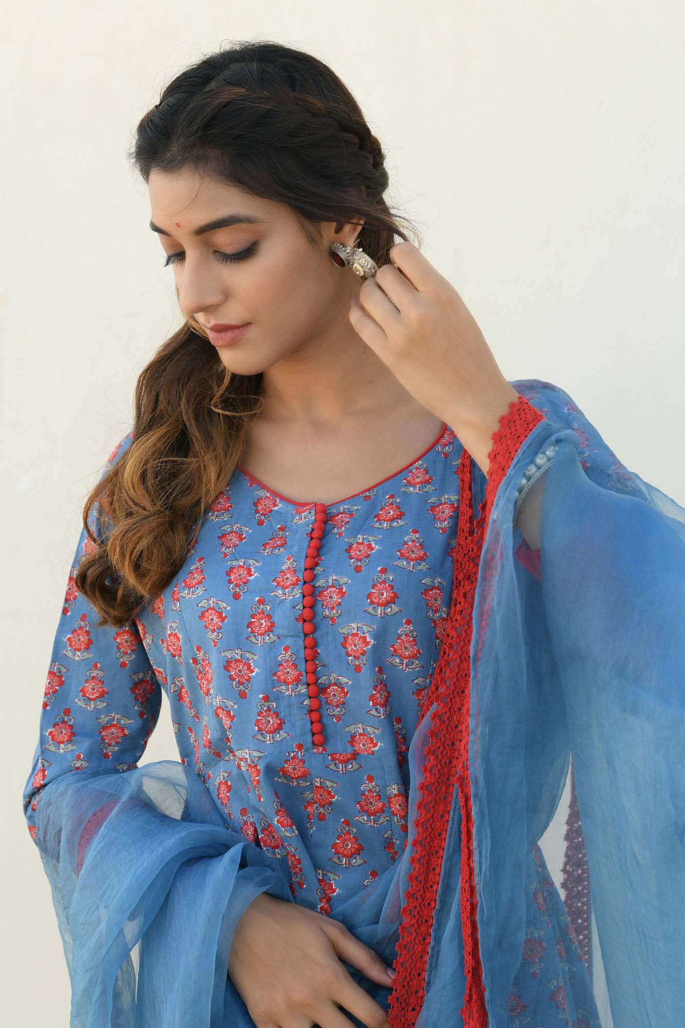 Kurta Kalidar Blue Printed With Dupatta