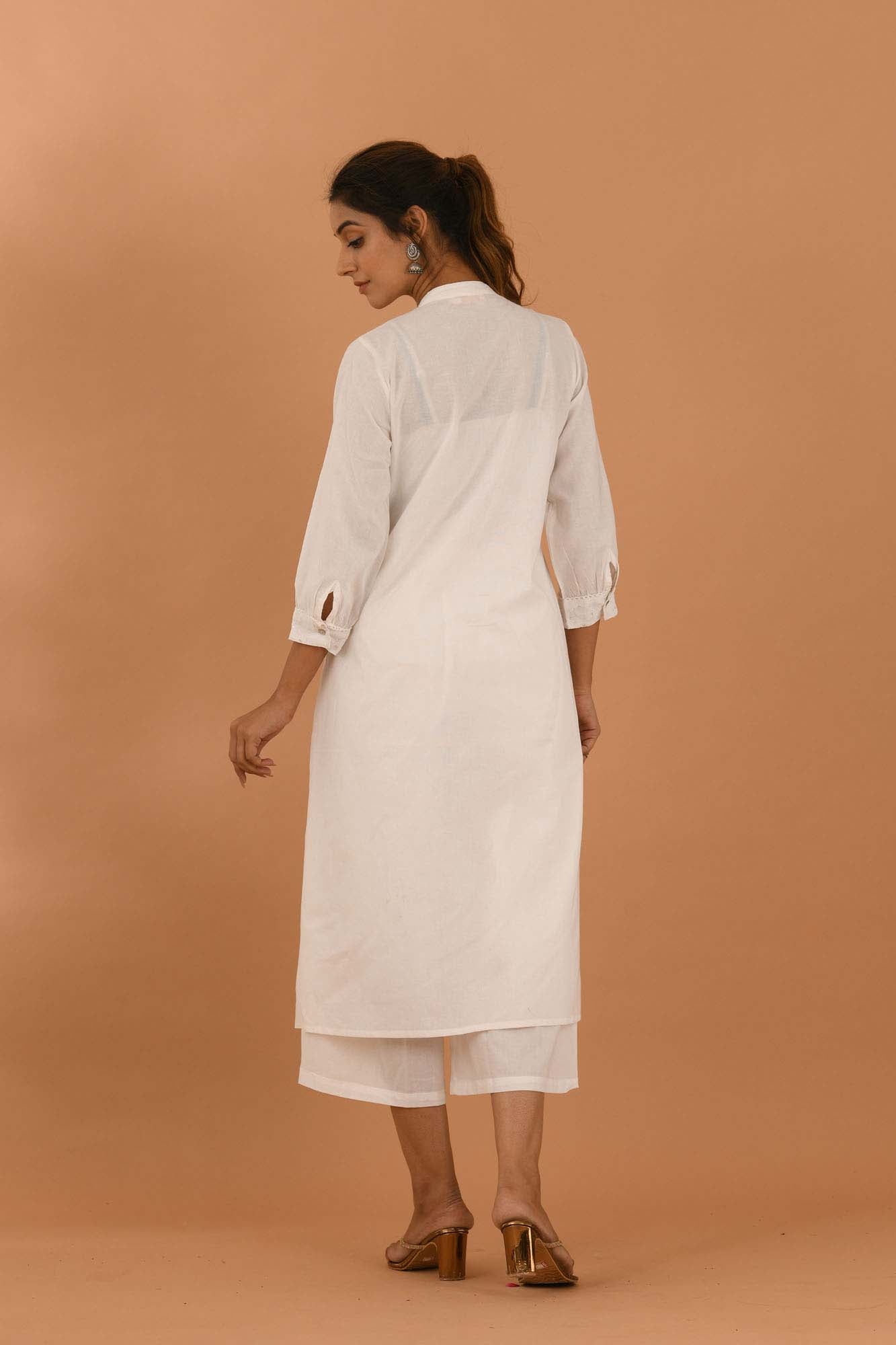 Kurta Set of 2 Women Embroidered Yoke White