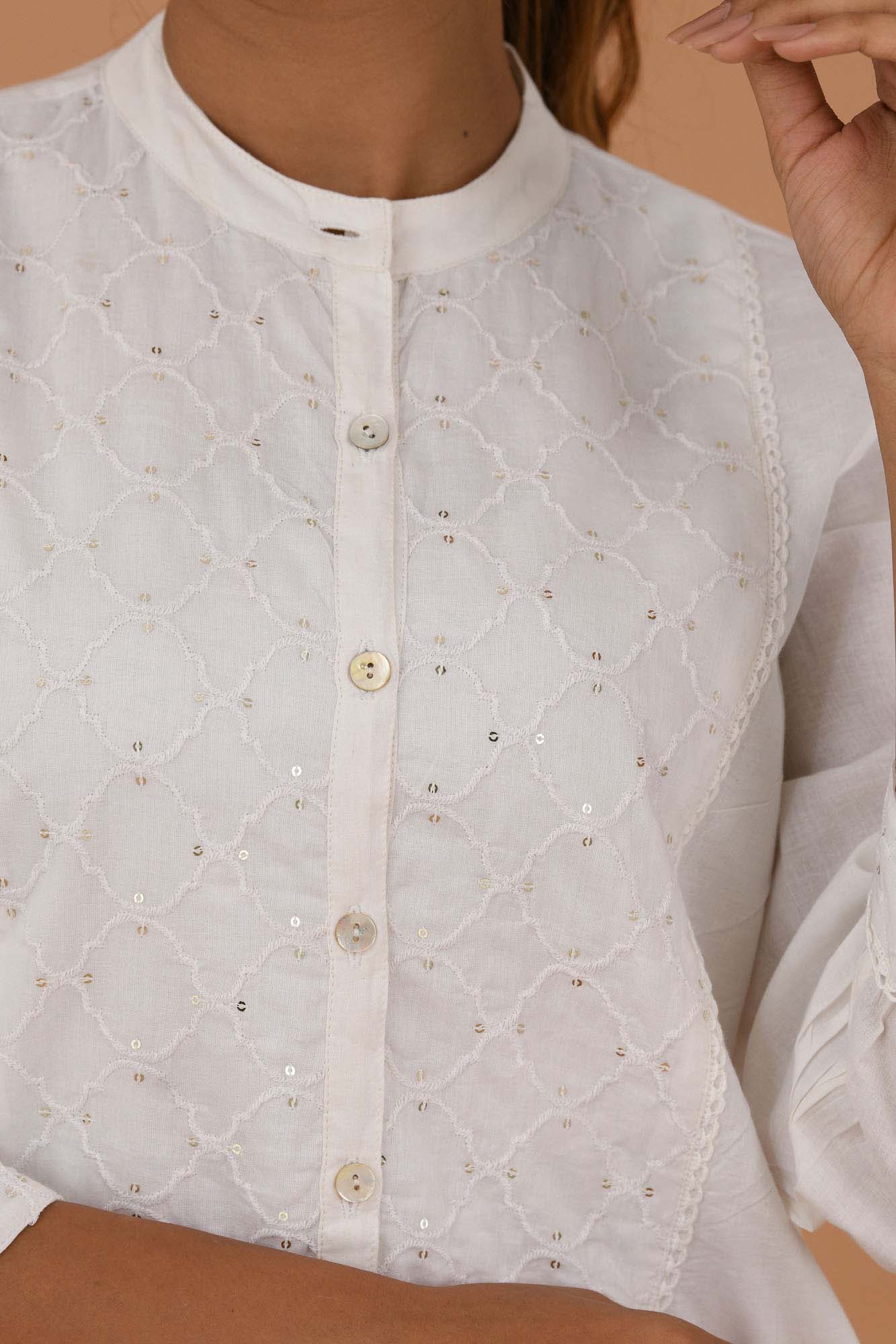 Kurta Set of 2 Women Embroidered Yoke White