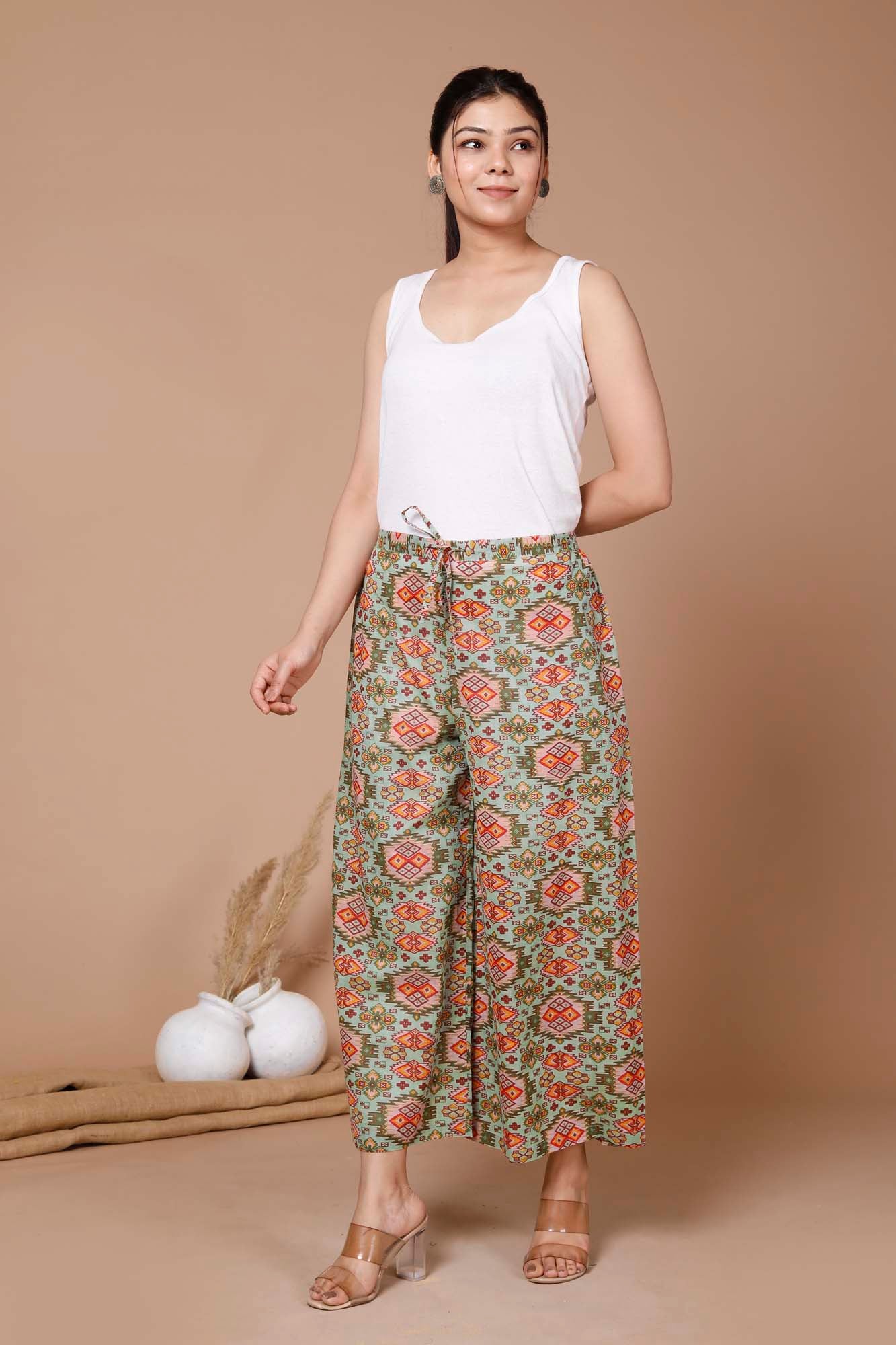 Women Broad Pant Green Geometrical